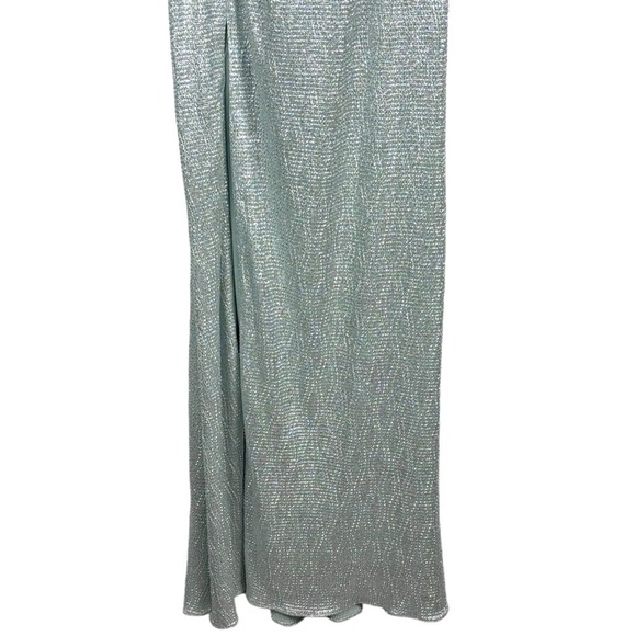 AIDEN MADDOX CELADON FOIL METALLIC KNIT STRAPPY V-NECK LONG FORMAL GOWN DRESS - Picture 6 of 15